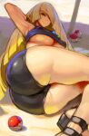 1girl armpits ass bike_shorts blonde_hair bracelet breasts covered_nipples green_eyes hair_over_one_eye jewelry kazo long_hair looking_at_viewer lusamine_(pokemon) lying mature_female on_back poke_ball pokemon pokemon_(anime) pokemon_sm_(anime) sandals smile solo strapless thighs tubetop underboob very_long_hair 
