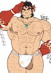  1boy ^_^ abs arm_hair armpit_hair armpits bara beard body_hair bulge chest_hair closed_eyes facial_hair fangs feet_out_of_frame fundoshi hachimaki hairy headband highres japanese_clothes kirupi large_pectorals leg_hair long_sideburns magatama magatama_necklace male_focus mature_male muscular muscular_male navel navel_hair nejiri_hachimaki nipples pectorals salute see-through short_hair sideburns solo stomach tajikarao_(tokyo_houkago_summoners) testicle_peek thick_eyebrows thick_thighs thighs tokyo_houkago_summoners wet_male_underwear white_male_underwear 