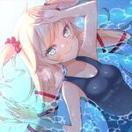  1girl akai_haato alternate_hairstyle aqua_eyes bare_arms bare_shoulders blonde_hair blue_swimsuit breasts closed_mouth eyelashes hair_ornament hair_ribbon heart heart_hair_ornament highres hiva+ hololive large_breasts long_hair looking_at_viewer old_school_swimsuit on_water one-piece_swimsuit red_ribbon ribbon school_swimsuit shading_eyes skin_tight smile solo swimsuit tied_hair twintails upper_body very_long_hair virtual_youtuber water 