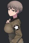  1girl absurdres bangs black_background brown_eyes brown_hair brown_jacket closed_mouth commentary emblem freckles from_side frown girls_und_panzer hand_on_own_chest highres jacket long_sleeves looking_at_viewer military military_uniform naomi_(girls_und_panzer) onsen_tamago_(hs_egg) saunders_military_uniform short_hair simple_background solo star_(symbol) uniform very_short_hair 
