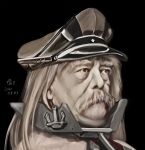  1boy bangs beard bismarck_(kancolle) bismarck_(kancolle)_(cosplay) black_background blonde_hair brown_headwear commentary_request cosplay dated face facial_hair hat highres kantai_collection long_hair looking_afar male_focus military mustache namesake old old_man otto_von_bismarck peaked_cap portrait real_life signature solo tk8d32 too_literal what 