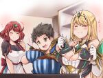  1boy 2girls bangs blonde_hair breasts chest_jewel cleavage cleavage_cutout clothing_cutout earrings headpiece highres jewelry kurokaze_no_sora large_breasts long_hair multiple_girls mythra_(xenoblade) pyra_(xenoblade) red_hair rex_(xenoblade) short_hair swept_bangs tiara very_long_hair xenoblade_chronicles_(series) xenoblade_chronicles_2 yellow_eyes 