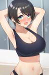  1girl absurdres armpits arms_behind_head arms_up black_bra blush bra breasts brown_hair cleavage collarbone cowboy_shot eyebrows_visible_through_hair green_eyes highres hololive large_breasts looking_at_viewer navel nokmaaa oozora_subaru open_mouth shiny shiny_skin short_hair smile sports_bra sweat underwear virtual_youtuber 