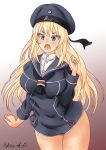  1girl alternate_costume bismarck_(kancolle) blonde_hair blue_dress blue_eyes blue_headwear breasts clothes_writing dress gradient gradient_background hat highres kantai_collection large_breasts long_hair long_sleeves nawohata sailor_dress sailor_hat solo 