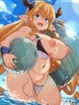  1girl ball beachball belly bikini black_bikini blonde_hair blue_eyes blush bracer breasts breasts_outside cloud cloudy_sky covered_nipples draph drill_hair embarrassed frown granblue_fantasy highleg highleg_bikini highres horns innertube kawacchi_hirohiro large_breasts lens_flare long_hair micro_bikini navel nipples ocean open_mouth pointy_ears puffy_nipples pussy rastina short_stack side_drill sky solo swimsuit thick_thighs thighs very_long_hair wading wardrobe_malfunction wet wide_hips 