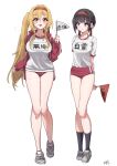  2girls :d absurdres black_hair blonde_hair blush breasts buruma commentary_request eyebrows_visible_through_hair gym_shirt gym_uniform hair_between_eyes hairband highres idolmaster idolmaster_cinderella_girls jersey kurosaki_chitose large_breasts legs long_hair looking_at_viewer medium_breasts multiple_girls name_tag open_mouth pizzasi purple_eyes red_buruma red_eyes shirayuki_chiyo shirt shoes short_hair side_ponytail sidelocks simple_background smile sneakers socks sweatdrop thighs translated very_long_hair white_background 