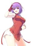  1girl :d arm_up asamiya_athena bangs blush breasts commentary_request dress eyebrows_visible_through_hair fingerless_gloves gloves hair_between_eyes hairband hand_on_hip highres medium_breasts naoki_(endofcentury102) open_mouth purple_eyes purple_hair red_dress red_gloves red_hairband short_sleeves simple_background sleeveless sleeveless_dress smile solo star_(symbol) the_king_of_fighters the_king_of_fighters_xv upper_teeth w white_background 