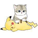  animal bangs blush_stickers cat closed_eyes closed_mouth commentary_request full_body gen_1_pokemon highres juno_(mofu_sand) lying no_humans on_stomach open_mouth original pikachu pokemon pokemon_(creature) simple_background white_background 