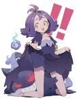  ! !! 1girl :d acerola_(pokemon) armlet bangs blush clothes_lift collarbone commentary dress dress_lift elite_four eyelashes flipped_hair gen_1_pokemon gengar grey_eyes grey_legwear hair_ornament hairclip kneeling lifted_by_self looking_back medium_hair multicolored multicolored_clothes multicolored_dress no_shoes open_mouth outline pokemon pokemon_(creature) pokemon_(game) pokemon_sm purple_hair short_sleeves smile socks stitches sweatdrop toku_(ke7416613) tongue topknot torn_clothes torn_dress white_background 