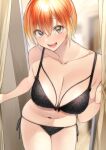  1girl black_bra black_panties blush bra breasts brown_eyes changing_room cleavage collarbone commentary cowboy_shot curtains eyebrows_visible_through_hair hair_between_eyes highres large_breasts leaning_forward looking_at_viewer mirror navel open_mouth orange_hair original panties reflection rinku_(rin9) short_hair side-tie_panties smile solo stomach underwear underwear_only 