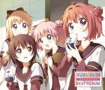  4girls akaza_akari album_cover blonde_hair blue_eyes blush bow brown_eyes brown_hair cover cup double_bun funami_yui holding holding_cup long_hair multiple_girls namori nanamori_school_uniform official_art pink_hair purple_eyes red_bow red_hair school_uniform short_hair smile teacup toshinou_kyouko yoshikawa_chinatsu yuru_yuri 