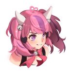  1girl absurdres ahoge bell blush bow face hair_bell hair_ornament heart heart_hair highres horns ironmouse looking_ahead multicolored_hair parted_lips pink_bow pink_hair portrait purple_eyes purple_hair smile solo streaked_hair syertse symbol-only_commentary twintails v-shaped_eyebrows virtual_youtuber vshojo white_background 