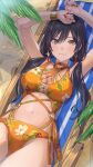  1girl armpits arms_up bangs bare_shoulders black_hair blush bracelet breasts cleavage earrings eno_(joqeve) floral_print hair_between_eyes highres idolmaster idolmaster_shiny_colors jewelry large_breasts long_hair looking_at_viewer low_twintails lying navel on_back orange_swimsuit shirase_sakuya smile solo stomach swimsuit thighs twintails yellow_eyes 