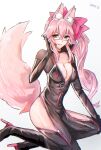  1girl animal_ear_fluff animal_ears bangs black_bodysuit blush bodysuit bow breasts center_opening choker cleavage fate/grand_order fate_(series) fox_ears fox_girl fox_tail glasses hair_between_eyes hair_bow high_heels highres hip_vent koyanskaya_(fate) large_breasts long_hair looking_at_viewer pink_bow pink_hair ponytail sidelocks simple_background smile solo tail tamamo_(fate) umimura white_background yellow_eyes 
