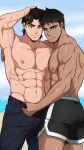  2boys abs absurdres ass bara black_hair black_pants black_shorts blue_eyes closed_mouth clothes_pull dark-skinned_male dark_skin dick_grayson dolphin_shorts highres kon-el kuroshinki large_pectorals looking_at_viewer male_focus multiple_boys muscular muscular_male navel nipples pants pants_pull pectorals pulled_by_another shirtless shorts smile superboy watermark yaoi young_justice 