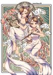  2girls absurdres art_nouveau artist_name asymmetrical_bangs bangs barefoot breasts bright_pupils brown_eyes brown_hair cleavage closed_mouth collarbone commentary_request dress eyebrows_visible_through_hair flower flower_request flute futami_ami futami_mami green_background hair_flower hair_ornament halterneck hands_up harp highres holding holding_instrument huge_filesize idolmaster idolmaster_(classic) instrument jaggy_line light_blush looking_at_viewer meatbandit medium_breasts medium_hair mixed-language_commentary multiple_girls off-shoulder_dress off_shoulder short_hair siblings side_ponytail smile split_mouth tsurime twins white_dress white_flower white_pupils whorled_clouds 
