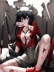  1girl absurdres animal_ear_fluff animal_ears arknights arm_support bandaged_leg bandages bangs belt between_breasts black_hair black_neckwear blood blood_on_face breasts cleavage closed_mouth collarbone feet_out_of_frame grey_shorts hair_between_eyes highres huge_filesize injury knee_up large_breasts long_hair long_sleeves looking_at_viewer necktie necktie_between_breasts no_bra official_alternate_costume open_clothes open_shirt planted planted_sword ponytail red_eyes red_shirt shirt shorts sitting solo spread_legs striped striped_neckwear striped_shorts sword texas_(arknights) texas_(willpower)_(arknights) torn_clothes torn_shirt v-shaped_eyebrows weapon wolf_ears yan_lie 