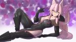  1girl animal_ear_fluff animal_ears bangs black_bodysuit black_footwear black_gloves blush bodysuit boots bow breasts center_opening choker cleavage elbow_gloves fate/grand_order fate_(series) fox_ears fox_girl fox_shadow_puppet fox_tail glasses gloves hair_between_eyes hair_bow highres hip_vent knee_boots knee_up koyanskaya_(fate) large_breasts leaning_back long_hair looking_at_viewer pham_thai_chau pink_bow pink_hair ponytail sidelocks smile solo tail tamamo_(fate) thighs yellow_eyes 