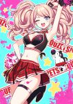  1girl :d ;d alternate_costume arm_up bangs bear_hair_ornament black_bra black_choker black_footwear black_legwear blonde_hair blood bloody_clothes blue_background blue_eyes blush bow bra breasts cheerleader choker cleavage commentary_request danganronpa:_trigger_happy_havoc danganronpa_(series) deadnooodles enoshima_junko eyebrows_visible_through_hair foot_up hair_ornament heart highres kneehighs looking_at_viewer medium_breasts miniskirt monokuma navel one_eye_closed open_mouth outline pink_background pink_blood plaid plaid_skirt pleated_skirt pom_pom_(cheerleading) red_bow shiny shiny_hair skindentation skirt smile star_(symbol) stomach thigh_strap twintails underwear upper_teeth white_outline 