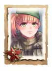  1girl bangs camouflage camouflage_jacket closed_mouth company_of_heroes green_eyes green_headwear hair_between_eyes hat jacket medium_hair military military_hat military_jacket military_uniform orange_hair original side_ponytail solo soviet soviet_army star_(symbol) thick_eyebrows uniform world_war_ii zhainan_s-jun 