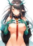  1girl arknights bare_shoulders between_breasts black_coat black_hair blush breasts breasts_outside clothes_lift coat commentary dragon_horns dusk_(arknights) earrings hair_over_one_eye hands_on_own_chest highres horns jewelry large_breasts lifted_by_self long_hair long_sleeves looking_at_viewer navel necktie necktie_between_breasts nipples off_shoulder open_clothes open_coat open_mouth pointy_ears red_eyes red_neckwear ruwoka simple_background smile solo stomach sweat upper_body white_background 