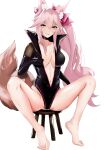  1girl absurdres animal_ear_fluff animal_ears bangs barefoot black_leotard blush bow breasts center_opening choker cleavage elbow_gloves fate/grand_order fate_(series) fox_ears fox_girl fox_tail gloves hair_between_eyes hair_bow highleg highleg_leotard highres koyanskaya_(fate) large_breasts legs leotard long_hair looking_at_viewer musicatopos navel open_mouth pink_bow pink_hair ponytail sidelocks simple_background sitting smile solo stool tail tamamo_(fate) white_background yellow_eyes 