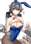  1girl adapted_costume akagi_kurage alcohol alternate_costume animal_ears black_hair blue_leotard bottle breasts detached_collar drink fake_animal_ears hair_flaps hair_ornament heart highres jingei_(kancolle) kantai_collection large_breasts leotard long_hair looking_at_viewer low_ponytail machinery playboy_bunny rabbit_ears rabbit_tail red_eyes rigging simple_background sitting smokestack solo strapless strapless_leotard swimsuit tail whale_hair_ornament whiskey white_background 