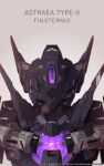  absurdres azzalea beige_background character_name english_commentary gundam gundam_00 gundam_astraea_type-x_finsternis highres mecha mobile_suit no_humans one-eyed portrait purple_eyes science_fiction solo v-fin 