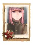  1girl bangs closed_mouth company_of_heroes grin hair_between_eyes hat military military_hat military_uniform original pink_hair portrait purple_eyes smile solo soviet soviet_army teeth uniform world_war_ii zhainan_s-jun 