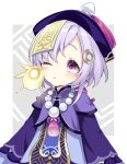  1girl bangs bead_necklace beads coin_hair_ornament commentary_request eyebrows_visible_through_hair genshin_impact hat highres jewelry jiangshi long_hair long_sleeves looking_at_another memeno necklace parted_lips purple_eyes purple_hair qing_guanmao qiqi_(genshin_impact) seelie_(genshin_impact) sidelocks simple_background solo two-tone_background 