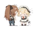  2girls apron blonde_hair braid braided_ponytail brown_hair chibi commentary_request crying denim g36_(girls&#039;_frontline) girls&#039;_frontline hair_ribbon jeans long_hair maid maid_apron maid_headdress multiple_girls pants ribbon shuzi springfield_(girls&#039;_frontline) translated 