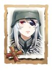  1girl bangs closed_mouth coat company_of_heroes eyepatch fur-trimmed_coat fur_trim german_army hair_between_eyes hat helmet lips long_hair military military_coat military_hat military_uniform original portrait red_eyes solo uniform white_hair world_war_ii zhainan_s-jun 