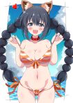  1girl absurdres animal_ears bikini_lift black_hair blush breasts cleavage clothes_lift collar collarbone commission dog_ears eggman_(pixiv28975023) eyebrows_visible_through_hair fang grey_eyes heart highres large_breasts long_hair looking_at_viewer navel ocean open_mouth original skeb_commission smile solo swimsuit 