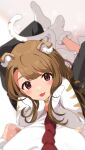  1boy 1girl :p animal_costume animal_ear_fluff animal_ears black_pants blush brown_hair dog_ears eyebrows_visible_through_hair head_tilt highres idolmaster idolmaster_million_live! idolmaster_million_live!_theater_days inuyama_nanami long_hair looking_at_viewer miyao_miya necktie on_person pants paw_boots red_eyes red_neckwear shirt smile tongue tongue_out white_shirt 