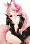  1girl :3 absurdres animal_ear_fluff animal_ears bangs black_bodysuit black_gloves blush bodysuit bow breasts breasts_apart collarbone commentary elbow_gloves eyebrows_visible_through_hair fang fate/grand_order fate_(series) fox_ears fox_girl fox_tail gloves hair_bow highres huge_filesize koyanskaya_(fate) large_breasts long_hair looking_at_viewer midriff navel open_bodysuit open_mouth partially_unzipped pink_bow pink_hair sidelocks silver_(chenwen) smile solo tail tamamo_(fate) thighs very_long_hair yellow_eyes 