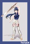  1girl absurdres alfonse_(fire_emblem) alternate_costume alternate_hairstyle bare_arms boots fire_emblem fire_emblem_heroes genderswap genderswap_(mtf) hair_ornament high-waist_shorts highres long_hair ponytail short_sleeves sleeveless sword theteaok thigh_boots thighhighs very_long_hair weapon zettai_ryouiki 
