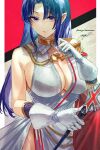  1girl absurdres azur_lane breasts cape cleavage cosplay dress epaulettes evening_gown fate/stay_night fate_(series) gloves halterneck highres holding holding_scepter large_breasts looking_at_viewer medea_(fate) military military_uniform pointy_ears purple_eyes purple_hair red_cape scepter second-party_source signo_aaa solo tanaka_atsuko tirpitz_(azur_lane) tirpitz_(azur_lane)_(cosplay) tirpitz_(iron_blood_snowstorm)_(azur_lane) uniform voice_actor_connection white_dress white_gloves 