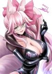  1girl animal_ears arm_under_breasts bangs bodysuit bow breasts cleavage dated elbow_gloves fang fate/grand_order fate_(series) fox_ears fox_tail glasses gloves gu-rahamu_omega_x hair_between_eyes hair_bow highres koyanskaya_(fate) large_breasts long_hair open_mouth pink_bow pink_hair ponytail signature simple_background smile solo tail tamamo_(fate) upper_body very_long_hair white_background yellow_eyes 