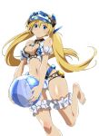  1girl arm_strap ball bare_legs bare_shoulders barefoot beachball bikini blonde_hair blue_eyes breasts cleavage_cutout clothing_cutout commentary_request frame_arms_girl frilled_straps headgear highres hresvelgr_ater kumichou_(ef65-1118-ef81-95) large_breasts long_hair looking_at_viewer low_twintails navel smile solo swimsuit thigh_strap twintails white_background white_bikini 