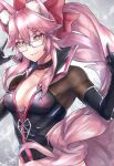  1girl absurdres animal_ear_fluff animal_ears bangs black_bodysuit blush bodysuit bow breasts center_opening choker cleavage elbow_gloves fate/grand_order fate_(series) fox_ears fox_girl fox_tail glasses gloves grin hair_between_eyes hair_bow highres huge_filesize koyanskaya_(fate) large_breasts long_hair looking_at_viewer pink_bow pink_hair ponytail sidelocks smile solo tail tamamo_(fate) townoise yellow_eyes 