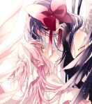  2girls akemi_homura akuma_homura ayumaru_(art_of_life) bare_shoulders black_hair black_wings closed_eyes closed_mouth commentary eyebrows_visible_through_hair face-to-face facing_another feathered_wings from_side hair_ribbon hair_strand hand_up happy highres kaname_madoka light_particles light_smile looking_at_another looking_up mahou_shoujo_madoka_magica mahou_shoujo_madoka_magica_movie multiple_girls open_mouth pink_hair profile red_ribbon ribbon shiny shiny_hair simple_background straight_hair symbol-only_commentary two_side_up ultimate_madoka white_background white_ribbon white_wings wings yellow_eyes 