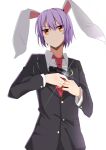  1girl angry animal_ears bad_id bad_pixiv_id black_shirt closed_mouth confrontation diffraction_spikes eyebrows_visible_through_hair glaring glint gun hair_between_eyes handgun holding holding_gun holding_weapon lightning_glare looking_at_viewer orange_eyes pistol reisen_udongein_inaba shirt short_hair simple_background solo stare_down staring touhou weapon white_background xialuluo_(sharuro) 