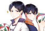  2boys back-to-back ball bangs bari_dal black_hair blue_eyes closed_mouth dual_persona eyebrows haikyuu!! highres holding holding_ball jacket kageyama_tobio looking_at_another male_focus multiple_boys older open_clothes open_jacket short_hair sparkle sportswear time_paradox track_jacket volleyball volleyball_uniform white_background 