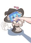  1girl apron bangs black_headwear black_skirt black_vest blue_bow blue_eyes blue_hair blue_neckwear blush blush_stickers bow bowtie commentary_request cookie_(touhou) cosplay eyebrows_visible_through_hair finger_to_another&#039;s_cheek full_body gradient_hair hair_between_eyes hat hat_bow heart highres kirisame_marisa kirisame_marisa_(cosplay) kitsune_kemono minigirl multicolored_hair one_eye_closed open_mouth purple_hair shirt short_hair simple_background skirt sleeves_past_wrists smile solo touhou translated two-tone_hair vest waist_apron white_apron white_background white_shirt witch_hat yuuhi_(cookie) 