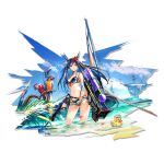  1girl arknights bangs bare_arms bare_shoulders bikini bird black_bikini blue_hair blue_sky breasts ch&#039;en_(arknights) ch&#039;en_the_holungday_(arknights) cloud cowboy_shot day dragon_horns elite_ii_(arknights) flower grey_shorts gun hair_flower hair_ornament halterneck highleg highleg_bikini highres holding holding_gun holding_weapon horns long_hair looking_at_viewer medium_breasts micro_shorts navel official_art outdoors parrot pink_eyes red_flower rubber_duck shorts sky solo standing stomach swimsuit thighs transparent_background wading water weapon yui_(niikyouzou) 