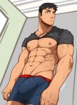 1boy abs absurdres bara bare_pectorals black_hair black_shirt blue_eyes boxers bulge closed_mouth clothes_lift dark-skinned_male dark_skin erection erection_under_clothes highres kon-el kuroshinki looking_at_viewer male_focus male_underwear muscular muscular_male pectorals shirt shirt_lift short_hair solo superboy underwear upper_body veins young_justice 