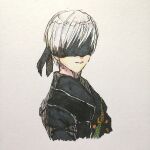  1boy black_blindfold blindfold closed_mouth hatching_(texture) highres male_focus murata_tefu nier_(series) nier_automata simple_background solo traditional_media white_hair yorha_no._9_type_s 