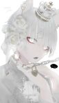  1girl absurdres animal_ears cat_ears chain choker ear_piercing earrings fang fang_out flower gem grey_eyes grey_hair highres jewelry katoumio key looking_at_viewer open_mouth original piercing short_hair solo tiara white_eyes white_flower white_hair white_nails 