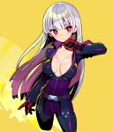  1girl anti-k&#039; belt bodysuit breasts cleavage closed_mouth gloves kula_diamond long_hair multicolored_hair onono_imoko red_eyes solo streaked_hair the_king_of_fighters unzipped white_hair zipper 