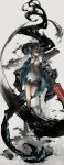  1girl absurdly_long_hair absurdres arknights black_hair black_jacket china_dress chinese_clothes commentary dragon_girl dragon_horns dragon_tail dress dusk_(arknights) full_body green_hair grey_background hair_over_one_eye highres holding holding_sword holding_weapon horns ink jacket long_hair looking_at_viewer multicolored_hair necktie off_shoulder ph. red_eyes red_neckwear sleeveless sleeveless_dress solo standing standing_on_one_leg streaked_hair sword tail very_long_hair weapon white_dress 